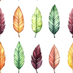 Fototapeta premium Watercolor Tropical Leaves Seamless Pattern Green Orange Burgundy