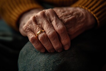Fototapeta premium A close-up of an elderly man's wrinkled hand clutching a golden ring.