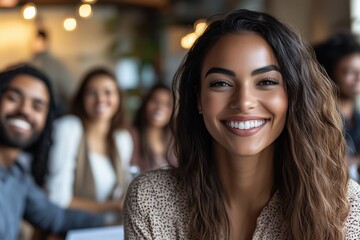 A diverse group of colleagues smiling during a virtual meeting in a modern office setting.