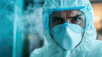 A determined scientist wearing full protective gear conducts an environmental examination, highlighting the importance of safety and precision in research settings.