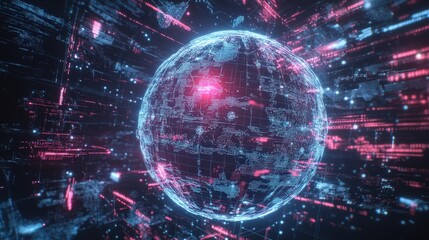 Obraz premium A vibrant digital globe surrounded by energetic data streams showcasing technology and connectivity in a futuristic setting.
