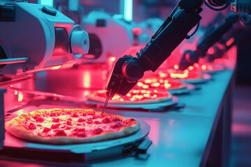 Obraz premium A robotic arm skillfully prepares vibrant pizzas in a high-tech kitchen. The colorful lighting adds to the futuristic vibe. Perfect for food tech visuals. Generative AI