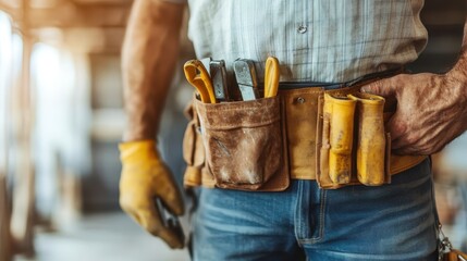 Fototapeta premium The scene illustrates a dedicated worker in a sunlit workshop, wearing gloves and a tool belt filled with essential tools, emphasizing focus and craftsmanship in manual labor.