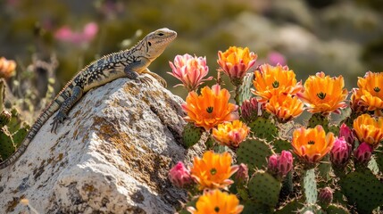 Obraz premium Desert Lizard Among Blooming Cactus Flowers