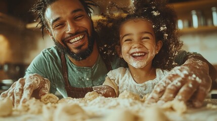 Inside a cozy kitchen, a father and daughter joyfully engage in baking, their faces and surroundings dusted with flour, capturing a moment of familial happiness.