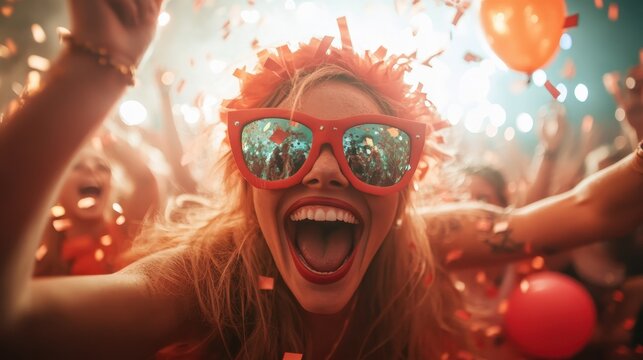 An exuberant woman with oversized red sunglasses and a vibrant orange headpiece, enthusiastically enjoying a lively party surrounded by confetti.