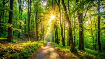Fototapeta premium Serene Forest Walking Trail Surrounded by Lush Greenery and Sunlight Filtering Through Trees