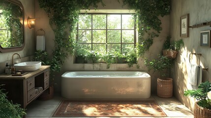 bohostyle bathroom featuring a vanity unit and bathtub adorned with eclectic touches of greenery creating a relaxed earthy vibe that promotes a sense of calm and connection to nature