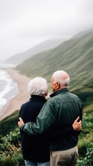 An elderly couple embraces while overlooking a scenic coastal landscape.