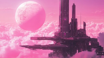 sky-fi background pink. concept of the future. city of the future, space. scientific achievements in the future.