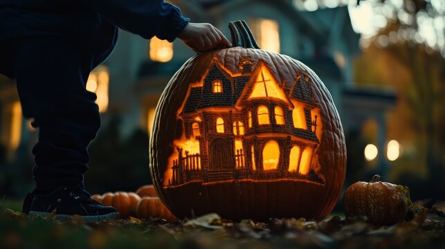 Fototapeta A child carving an intricate haunted house design into a large pumpkin, lit by the soft afternoon sun.