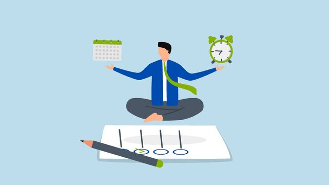 self control to complete work, Businessman finds peace in meditation while juggling between time and deadlines on a paper filled with completed tasks.
