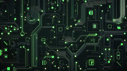 Fototapeta premium Neon Green Futuristic Circuit Board Pattern on Black Background for Tech Product Display or Concept