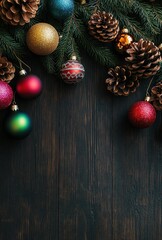 Christmas composition on a dark wooden background with pine branches, ornaments, and pinecones. Christmas card design. View from above. Flat lay style. 