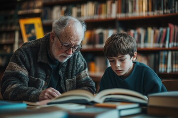 An older tutor working one-on-one with a young student in a library setting.