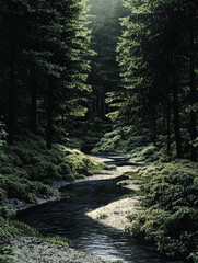 A Calm River Meandering Through a Dense Forest, Emphasizing the Peace and Solitude of Nature�fs Heart