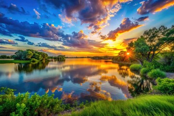 Serene Lake Worth in Texas at Sunset with Reflections and Lush Green Surroundings Captured in Beauty
