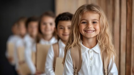 Fototapeta premium Young children in white uniforms stand happily in a line within a school hallway, symbolizing learning, friendship, and a bright future in an educational setting.