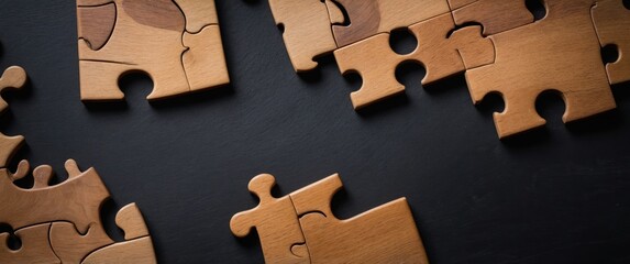 A close-up view of wooden puzzle pieces on a dark surface, symbolizing creativity, problem-solving, and family bonding through games.