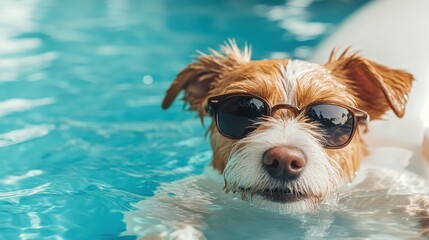 A charming dog wearing sunglasses swims leisurely in a bright blue pool, exuding a relaxed and playful vibe, bringing joy to all who see it.