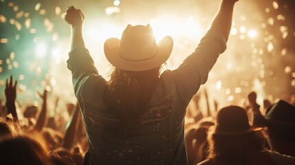 A concertgoer wearing a cowboy hat stands amidst a lively crowd, basking in the glow of bright lights, capturing a moment of joy and communal celebration.