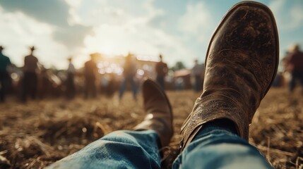 A pair of worn cowboy boots in the foreground overlook a bustling crowd at a sunny outdoor country music festival, evoking a sense of adventure and freedom.