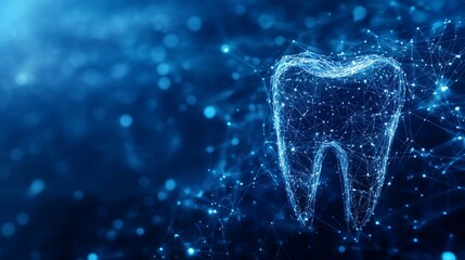 Digital tooth model, 3D rendering of a tooth with connected dots. Futuristic dentistry.