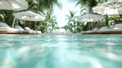 A luxurious pool surrounded by lush tropical palm trees, with white umbrellas and sunbeds, evoking a sense of relaxation and tropical paradise appeal.