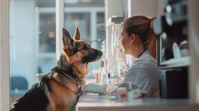 A veterinarian examining a dog in a modern clinic, showcasing care and professionalism in animal health.