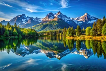 Fototapeta premium Serene Landscape with Majestic Mountains and Clear Blue Sky Reflected in Tranquil Lake Waters