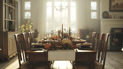 Traditional family dinner table, autumn season. Fall party in cozy living room interior, table setting with holiday dishes. Warm vibes background. Halloween, Thanksgiving  background, wallpaper
