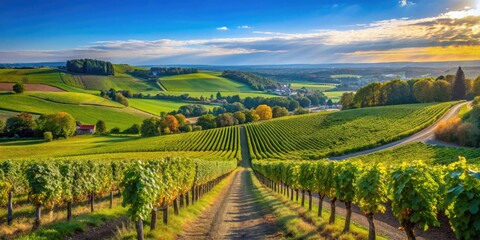 Fototapeta premium Serene Loire Valley Vineyard Landscape with Lush Grapevines and Rolling Hills Under Clear Blue Sky