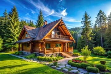 Serene Modern Log Cabin Surrounded by Lush Green Forest and Clear Blue Sky in Peaceful Nature Setting