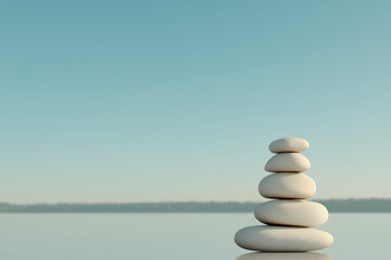 Fototapeta premium Calm ocean with stacked white stones against serene sky, symbolizing tranquility and balance. This peaceful scene evokes sense of harmony and relaxation