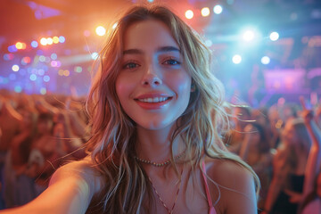 Attractive woman spending weekend at night club and taking selfie generative ai