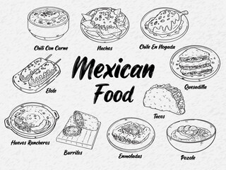 Collection of hand drawn Mexican food vector illustration