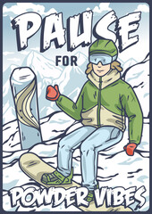 Female skier is taking a break on a mountain slope, enjoying the view and giving a thumbs up. The illustration evokes the joy and peacefulness of winter sports