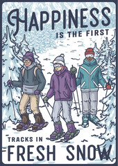 Obraz premium Friends snowshoeing in snowy mountains, enjoying outdoor adventure, bonding and creating memories in serene winter landscapes