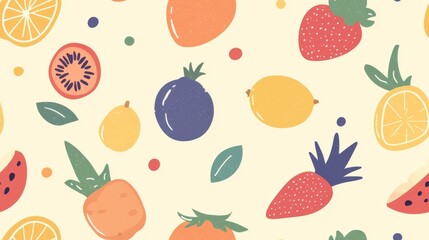 Colorful seamless pattern with various fruits and vegetables. Food texture background