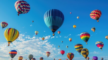 A vibrant display of colorful hot air balloons soaring against a clear blue sky, creating a festive and joyful atmosphere.