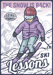 Skier is enjoying skiing downhill on a snowy mountain with a vintage look. This illustration is perfect for a poster or any winter sports design