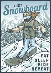 Snowboarder is having fun riding down a snowy mountainside in a cool, vintage style illustration. This design is perfect for winter sports enthusiasts