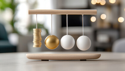 balanced financial concept is depicted with coins, golden ball, and white spheres, symbolizing equilibrium between health and wealth. This conveys sense of stability and prosperity