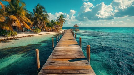 Fototapeta premium A wooden pier stretches out to a small island with palm trees and a thatched roof hut, surrounded by turquoise water and blue sky with white clouds.
