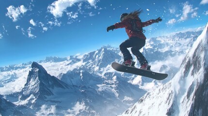 Snowboarder Soaring Above Snowy Mountain Peaks