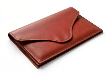 Simple brown leather wallet laying flat on a white background, showcasing an elegant and minimalist design. 