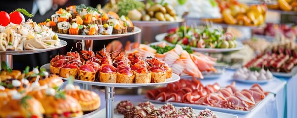 Fototapeta premium A vibrant display of various catering dishes including fresh vegetables, sushi, and garnished bites, beautifully arranged on black trays.