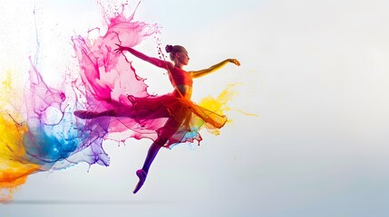 A dancer leaps gracefully amidst vibrant splashes of colorful paint, creating an artistic and dynamic expression of movement