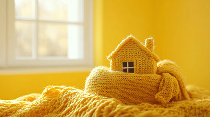 Knitted yellow statuette of a house wrapped in a yellow scarf on a yellow blanket near the window against the background of a yellow wall with space for text