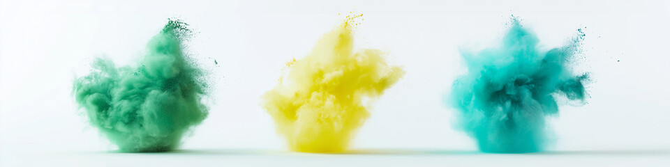 Naklejka premium Abstract isolated white background, explosion splashes of colored powder dust, texture, design, banner. AI generation.